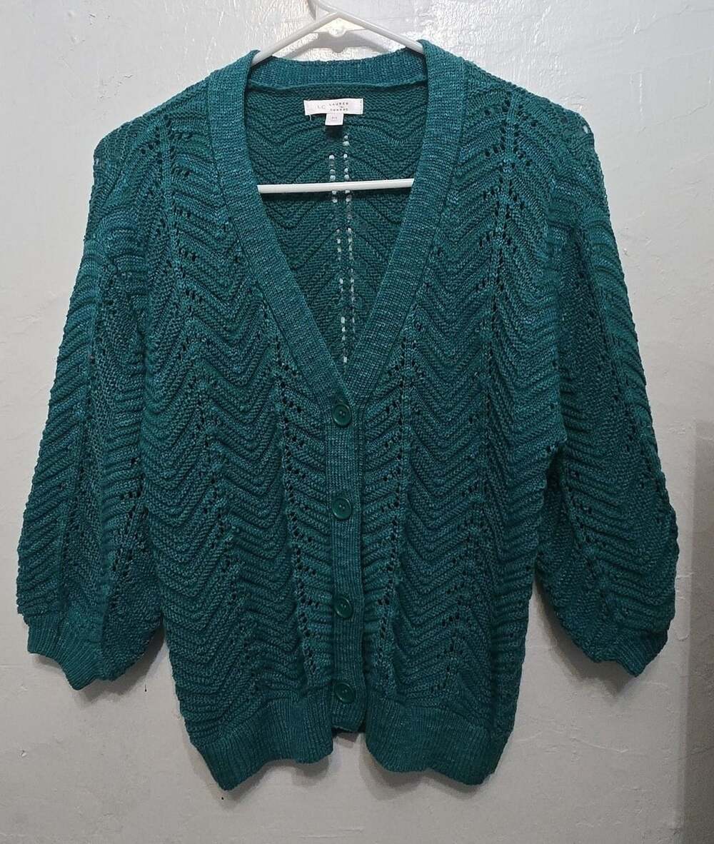 LC Lauren Conrad Cardigan Size M Teal Chevron Knit V-Neck Button Up Sweater